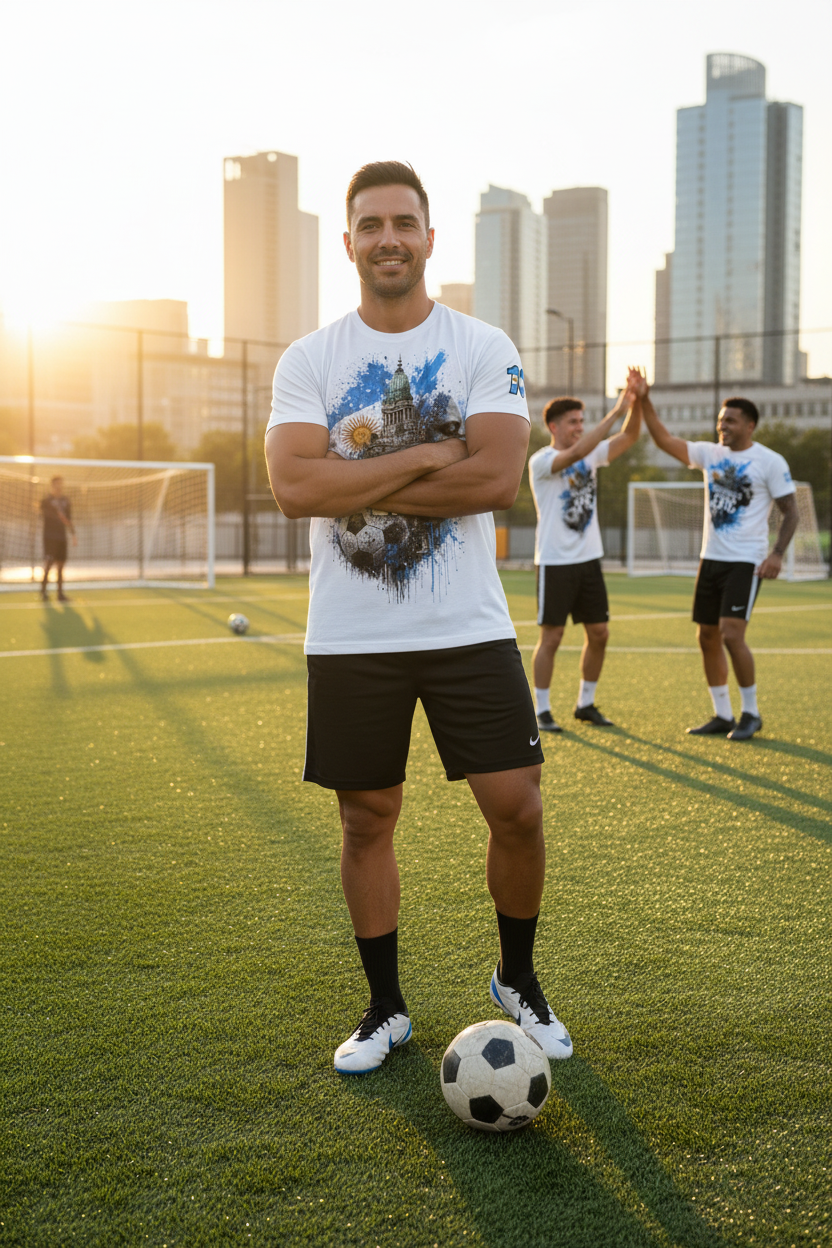 A white short-sleeve t-shirt with a graphic print on the front featuring a soccer theme, including a stadium dome, soccer balls, a face silhouette, and the text 'UNIVERSALLY EPIC'. A small blue and white logo is printed on the right sleeve.