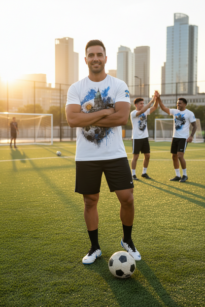 A white short-sleeve t-shirt with a graphic print on the front featuring a soccer theme, including a stadium dome, soccer balls, a face silhouette, and the text 'UNIVERSALLY EPIC'. A small blue and white logo is printed on the right sleeve.